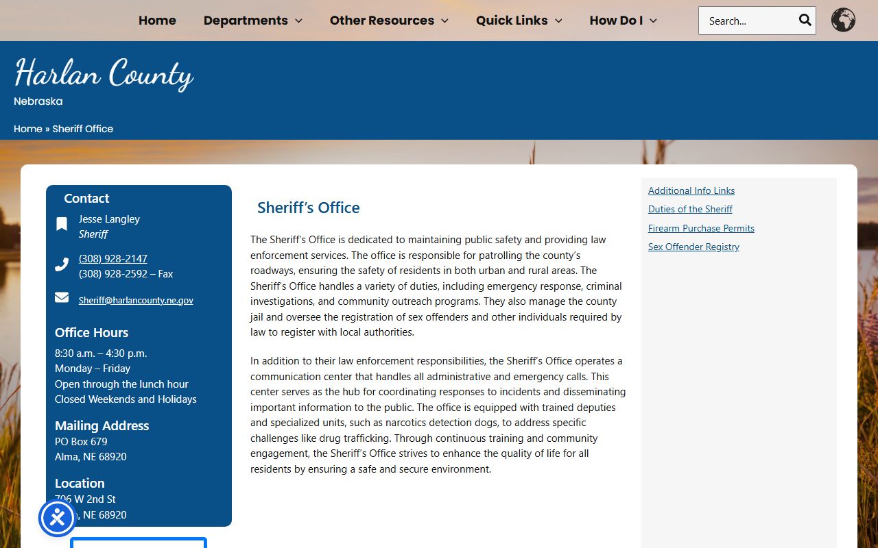 Harlan County Sheriff's Office contact block with sheriff name and jail responsibility