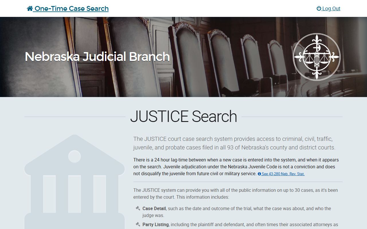 Nebraska JUSTICE one-time case search page for county and district court records
