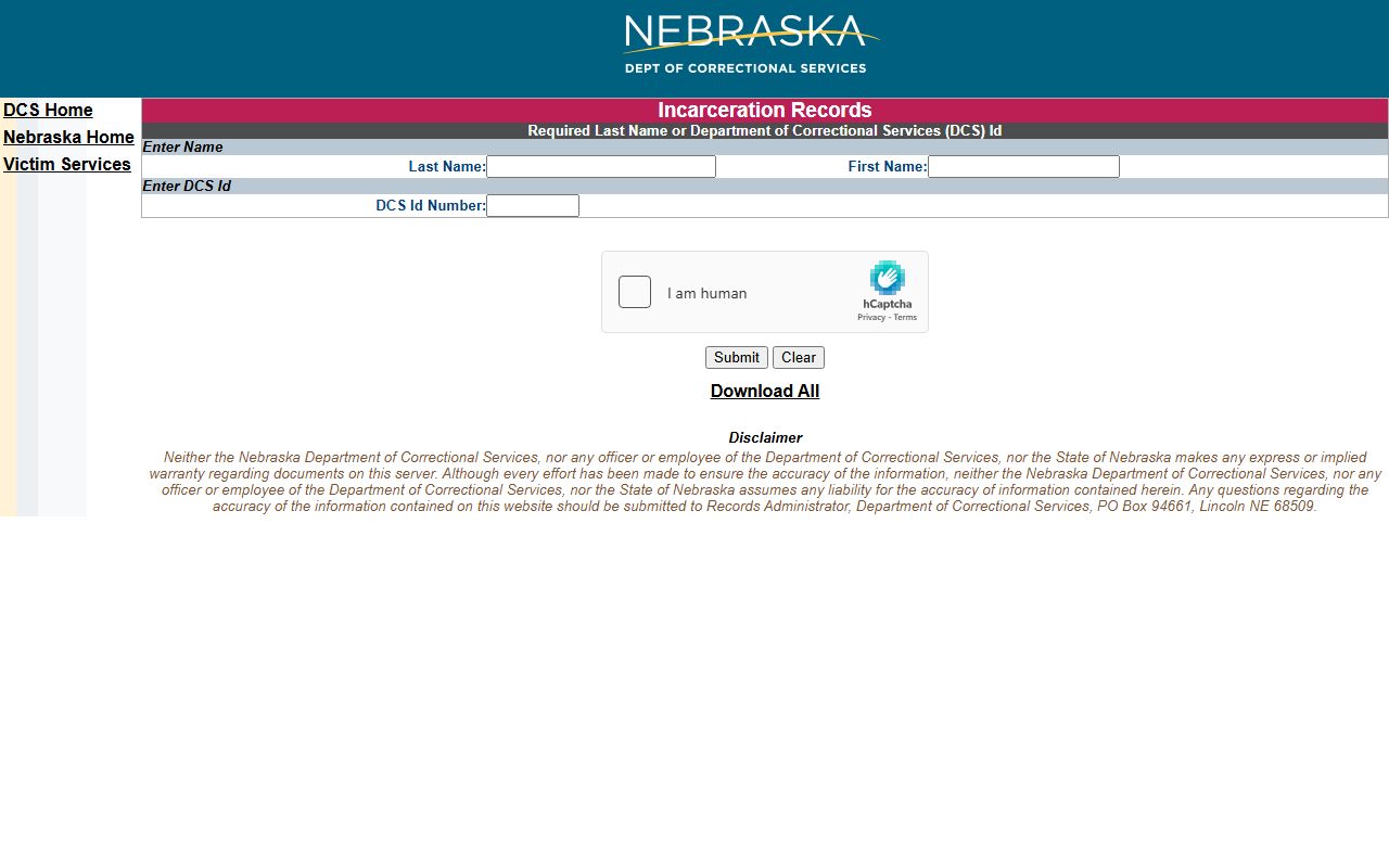 Harlan County inmate records NDCS state prison locator fields